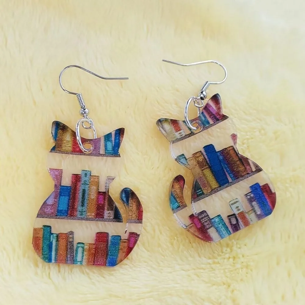 Colorful Acrylic Cat Bookcase Earrings Book Lover Cat Lover